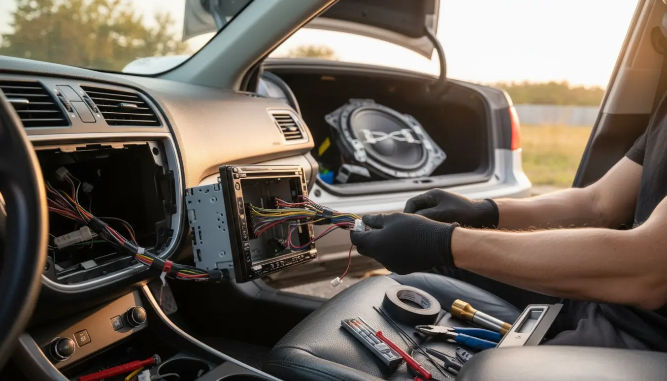 Hænder monterer bilens anlæg i instrumentbrættet med værktøj og udstyr på forsædet.