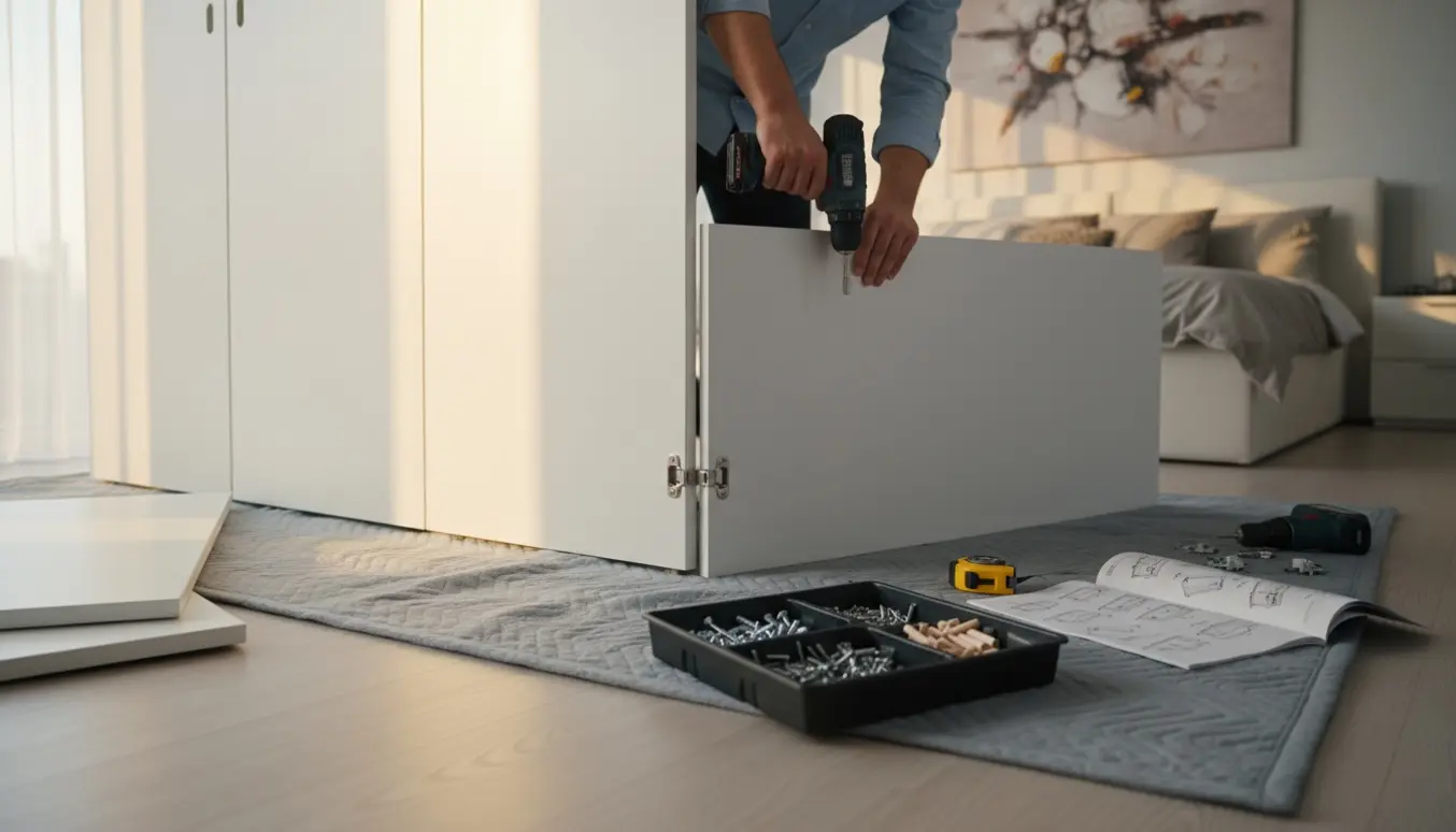 En person samler et hvidt tredørs klædeskab i en lys stue med værktøj og skruer på gulvet.