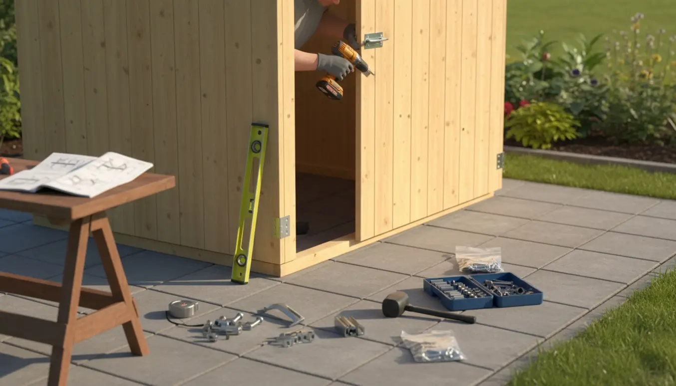 Delvist samlet haveskur på nye fliser med værktøj og en person der arbejder med ryggen til, ansigt ikke synligt.
