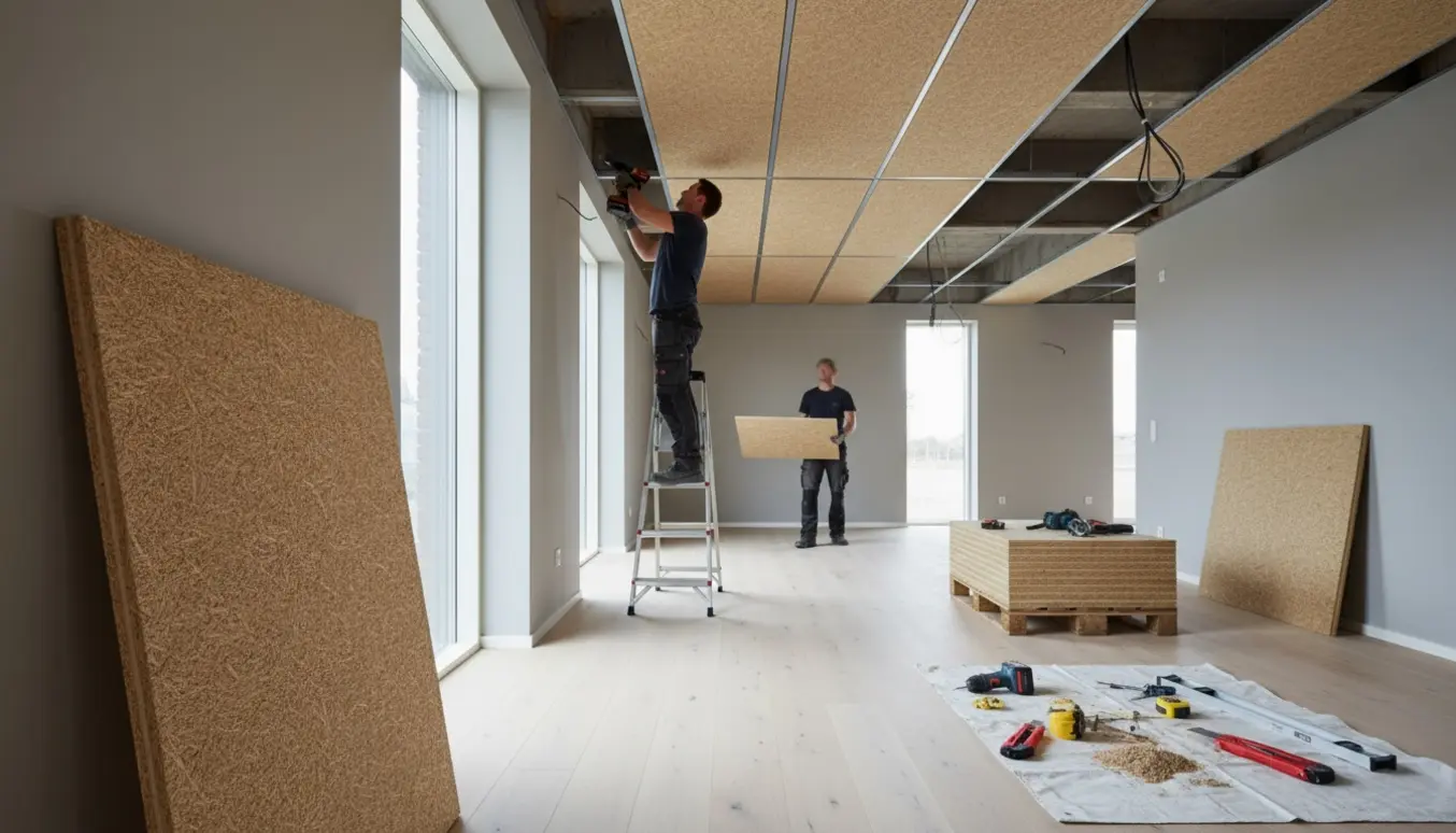 Halvt færdigt rum med Troldtekt-akustikplader i loftet, håndværker på stige monterer en plade.