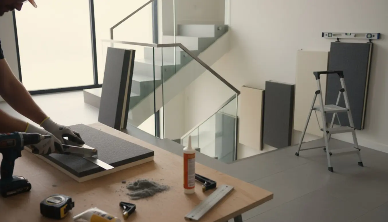 Hænder skærer og monterer akustikpaneler ved trappeopgang til 1. sal.