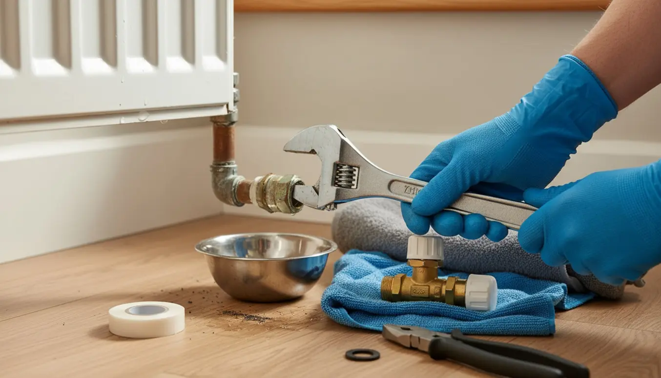 Nærbillede af hænder, der udskifter en radiatorventil med en skiftenøgle og en ny termostatventil tæt ved en skål til at opsamle vand.