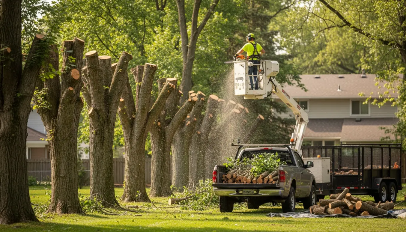 Fagfolk beskærer toppen af en række høje baghavedtræer med motorsav, og afklippede grene læsses på en trailer.