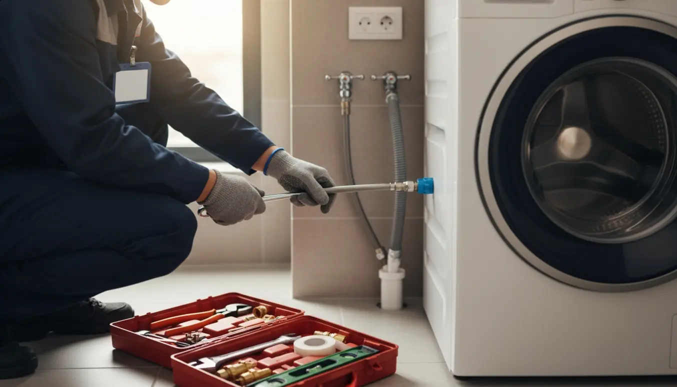En tekniker tilslutter en vaskemaskine i et ryddeligt vaskerum, set fra siden uden synlige ansigter.