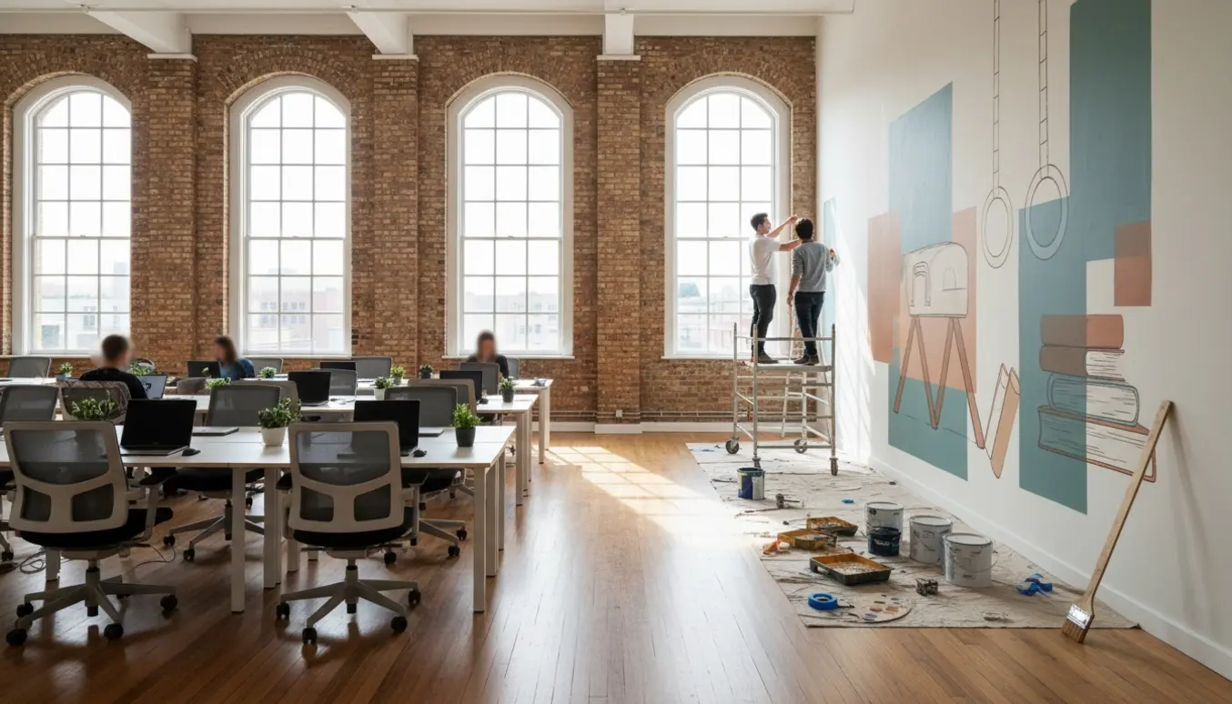 Et ombygget skoleryt kontorfællesskab hvor kunstnere maler et stort vægmaleri over en ny hvid væg med ti arbejdspladser i rummet.