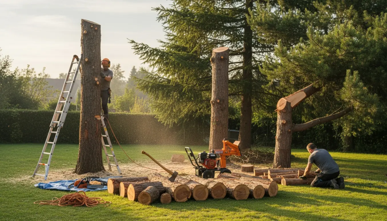 To lærketræer klippet ned til omkring 5 m med opstablet ved og en afskåret gren fra et fyrtræ, arbejdere i sikkerhedsudstyr med skjulte ansigter.