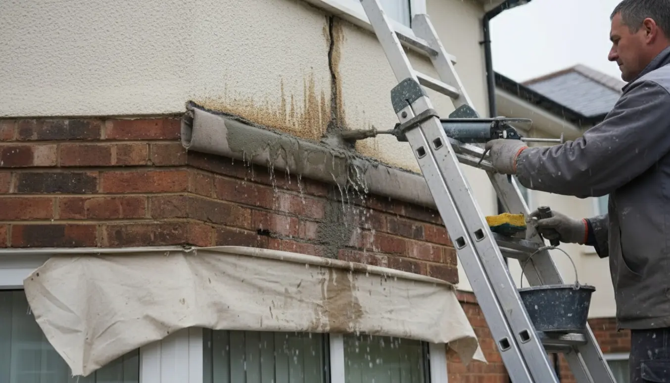 Håndværker på stige tæt ved en revne over et vindue, tætner muren med fugepistol mens regn siver ned.