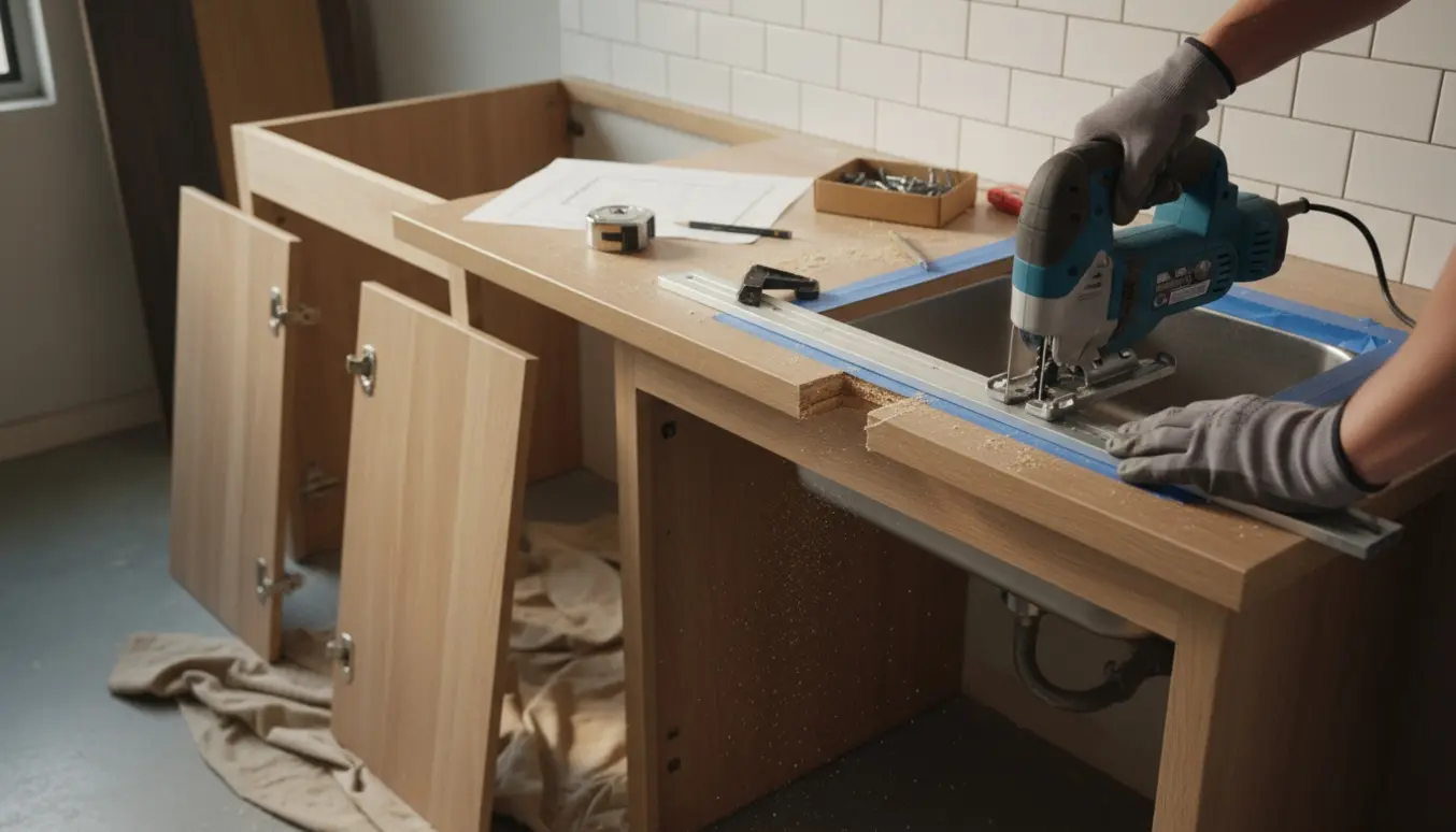 Ny køkkenbordplade midt i udskæring til vask med to afmonterede køkkendøre ved siden af.