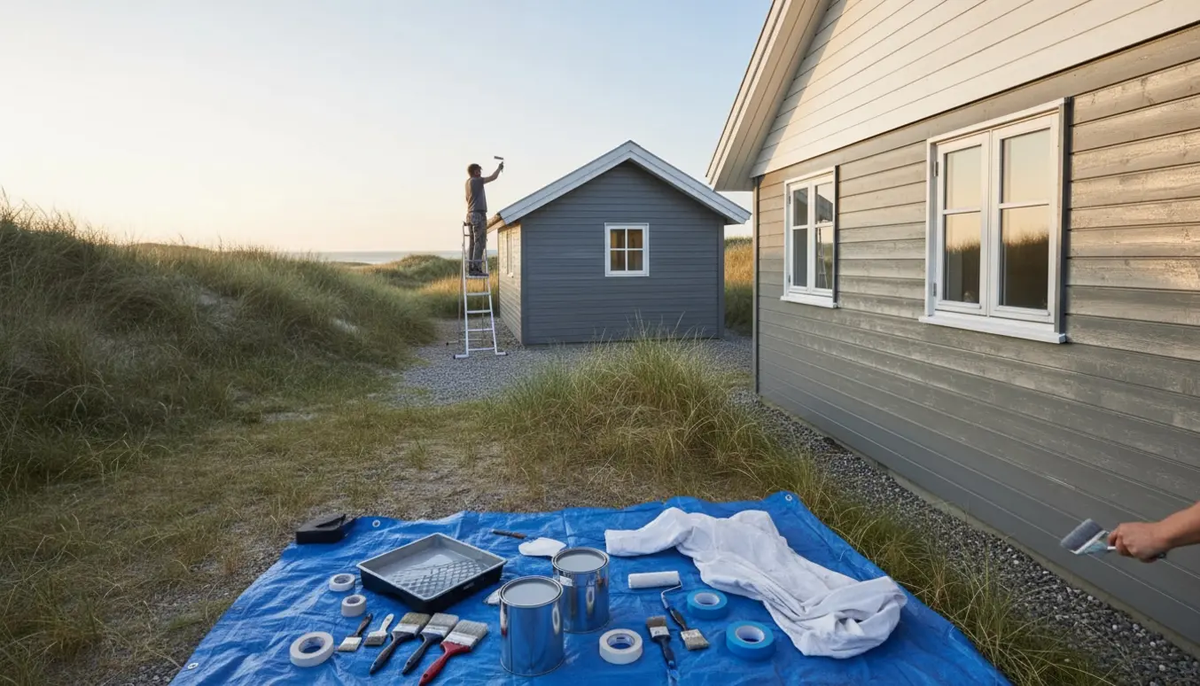 Sommerhus og skur udvendigt under maling i forårssol med værktøj og malere set bagfra.