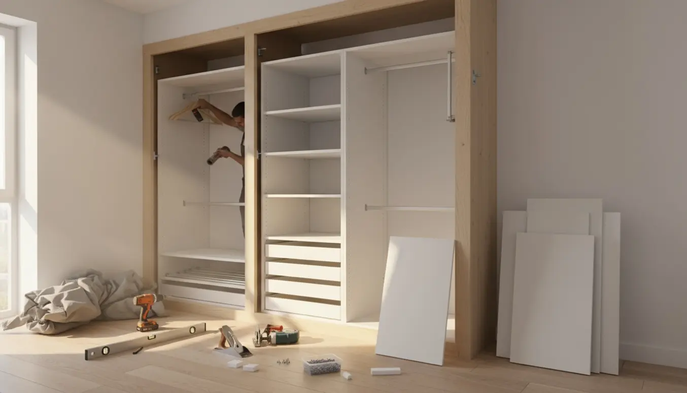 Indbygget garderobe under montering med hvide PAX-skeletter, træramme og værktøj i et lyst soveværelse.