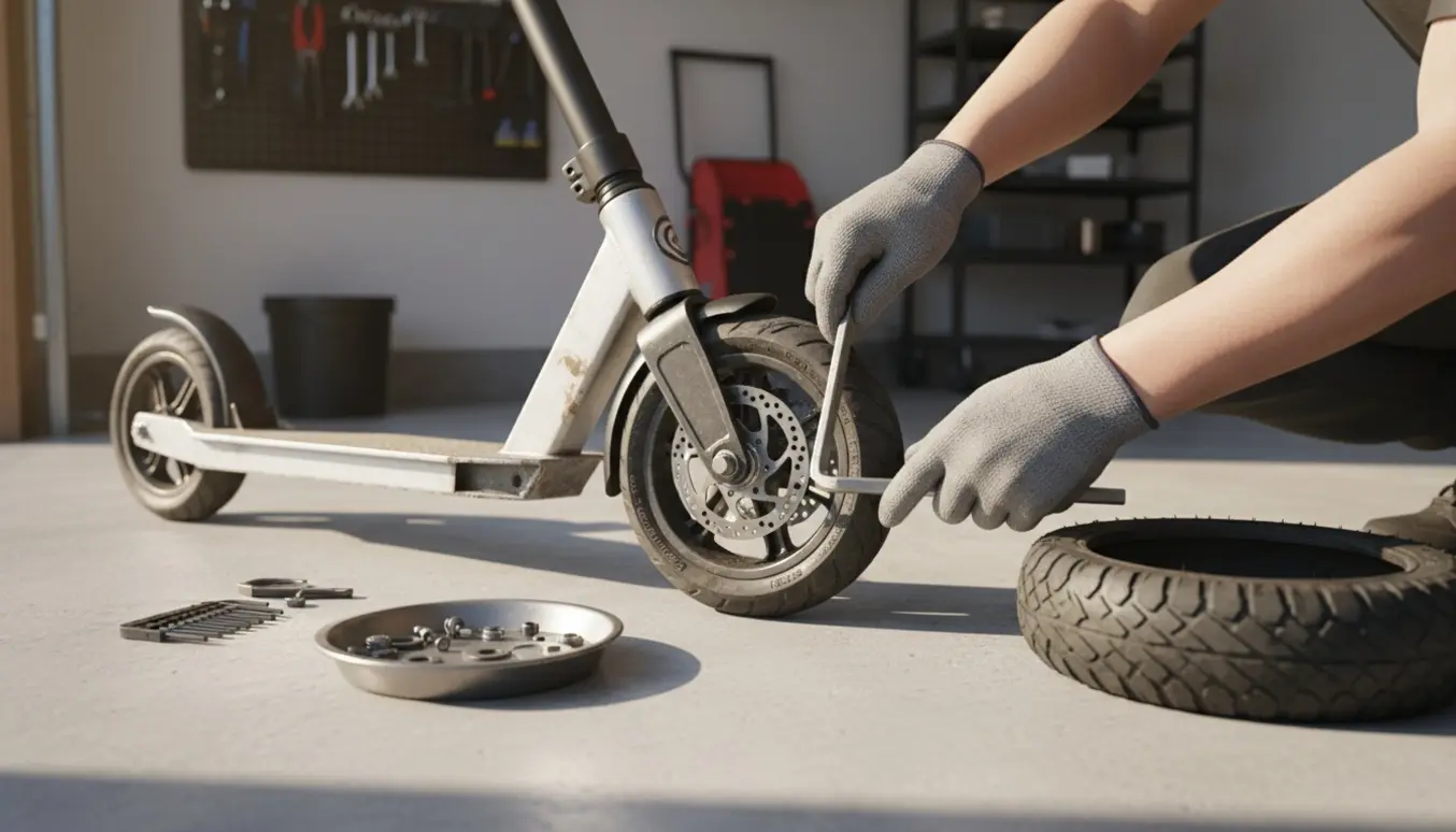 Hænder skifter bagdæk på et løbehjul i en lys garage med det nye dæk ved siden af.