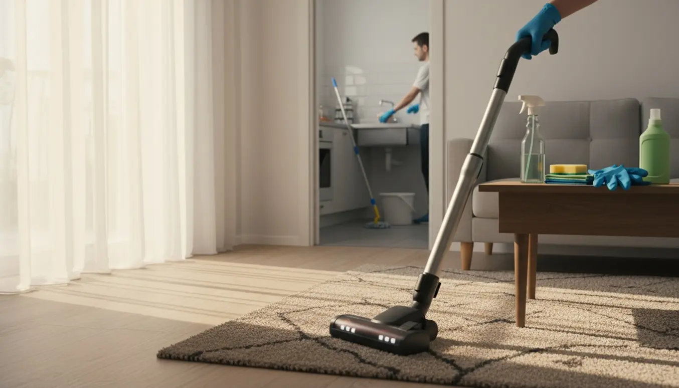 Solbeskinnet stue med støvsuger på tæppet, rengøringsmidler på bordet og kig ind til et vådt køkken og bad.