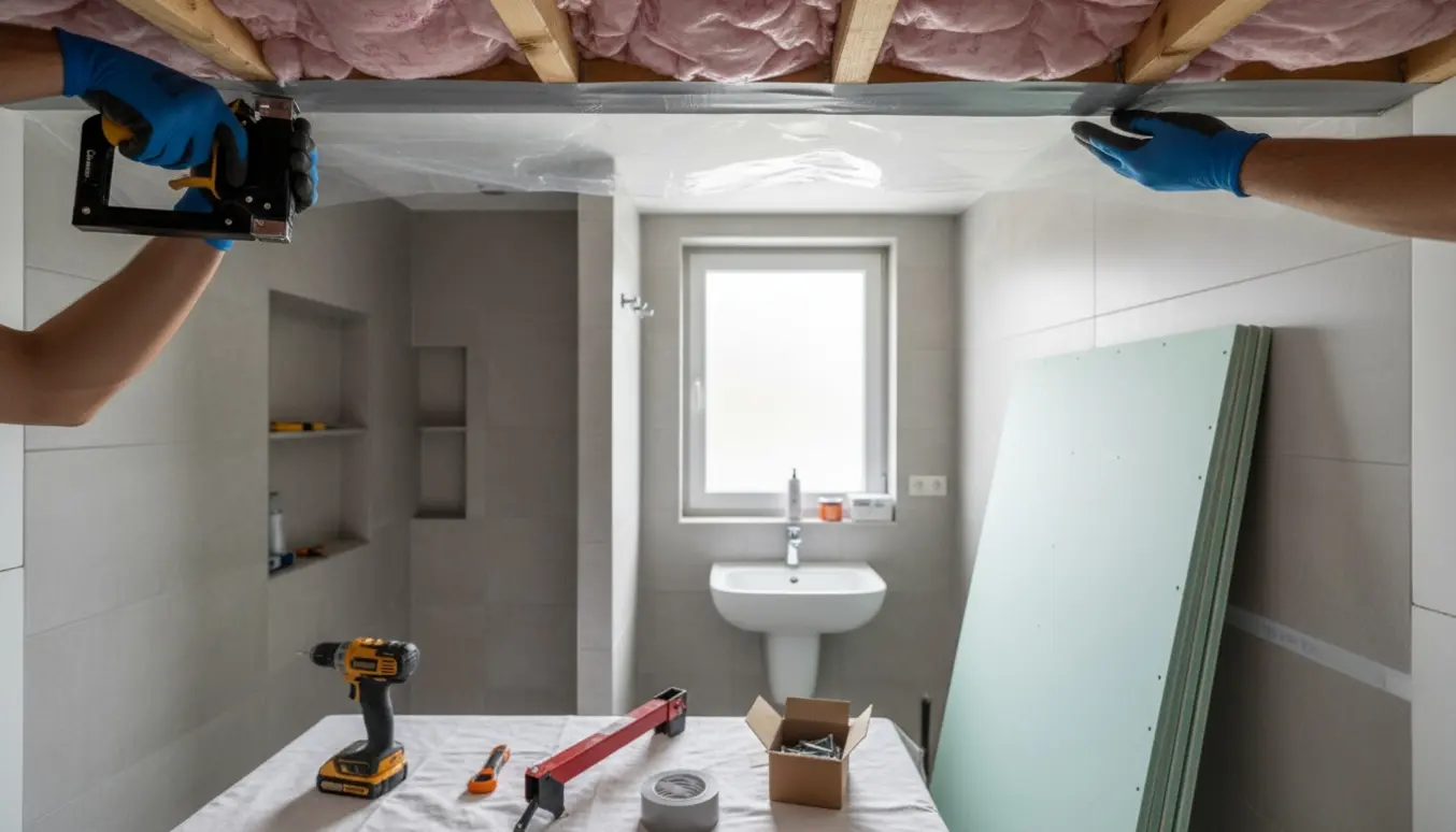 Et lille badeværelse under renovering, hvor dampspærre fastgøres til loftets forskalling med tape og værktøj.