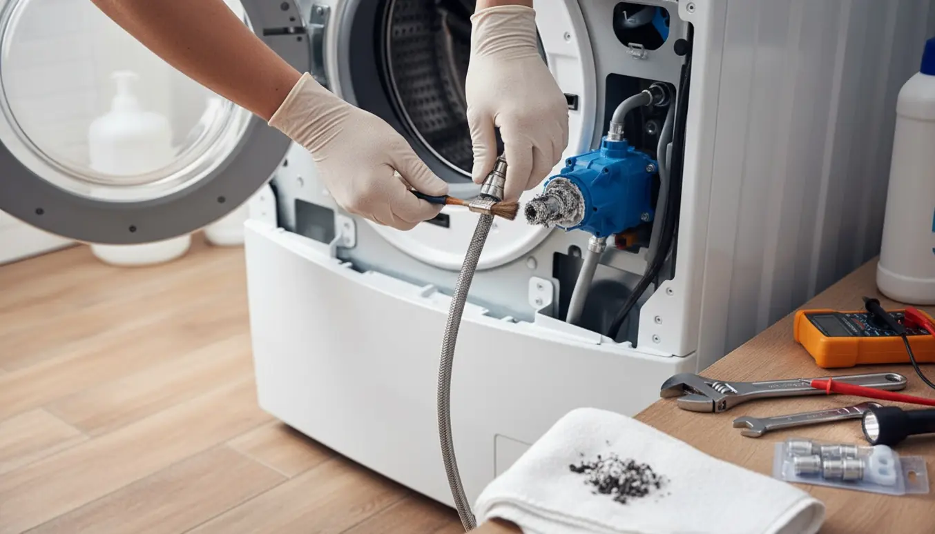 Nærbillede af en vaskemaskine med åben servicelåge, hvor en person rengør indtagets filter og inspicerer slanger og ventil.