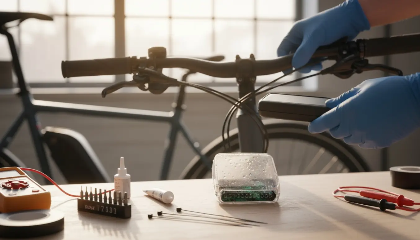 Nærbillede af udskiftning af en vandbeskadiget elcykel-computer på styret i et lyst værksted.