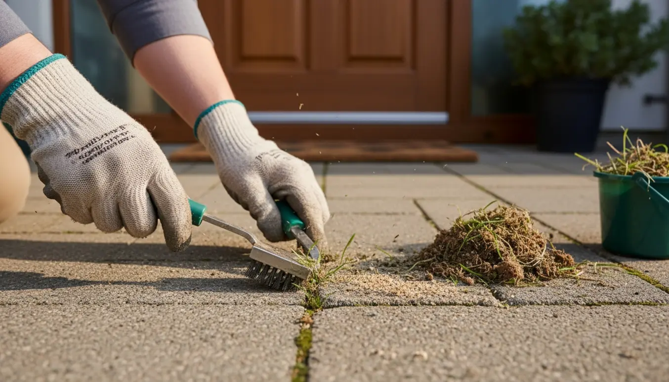 Nærbillede af hænder, der fjerner ukrudt mellem fliser ved husets indgang med haveredskaber.