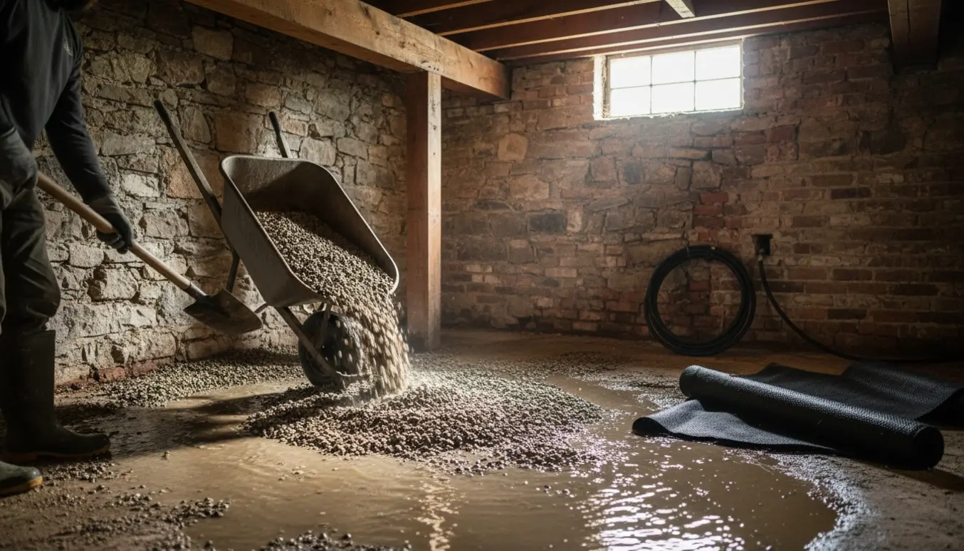 Gammel kælder fyldes med groft stabilgrus og geotekstil fra en trillebør for at forhindre grundvandsproblemer.