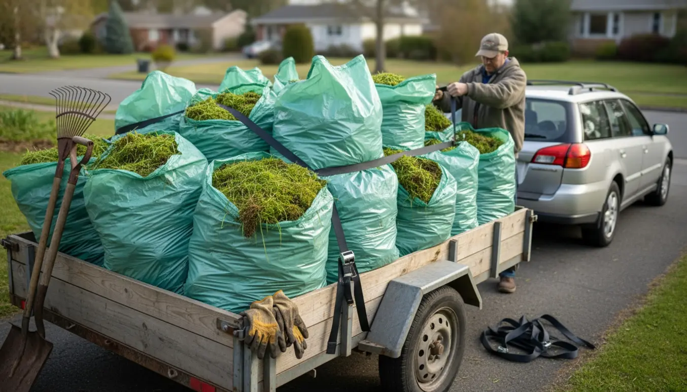 Bil med trailer fyldt med sække haveaffald klar til kørsel.