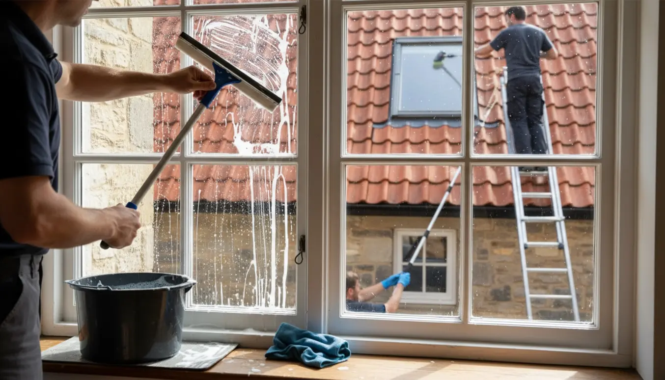 Indvendig og udvendig vinduespudsning af villa med sprossede vinduer og Velux-tagvinduer, med pudseudstyr synligt.