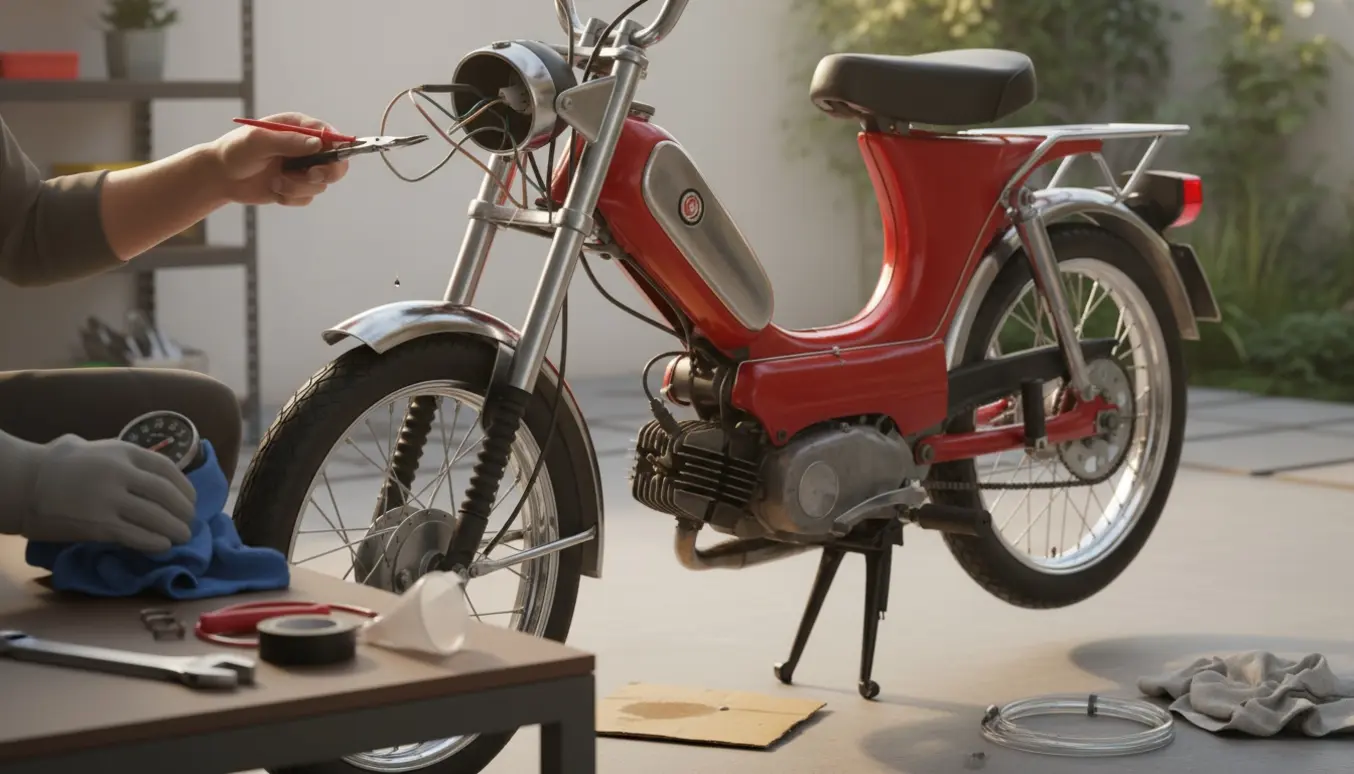 SCO-knallert på støtteben med hænder, der reparerer en utæt benzinslange, åben forlygte og afmonteret speedometer.