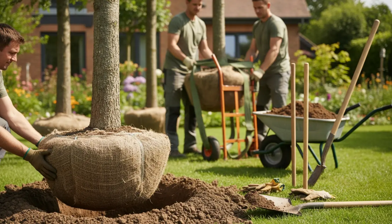 Personer planter og bærer store træer i en have med rodklumper, spader og trillebør.
