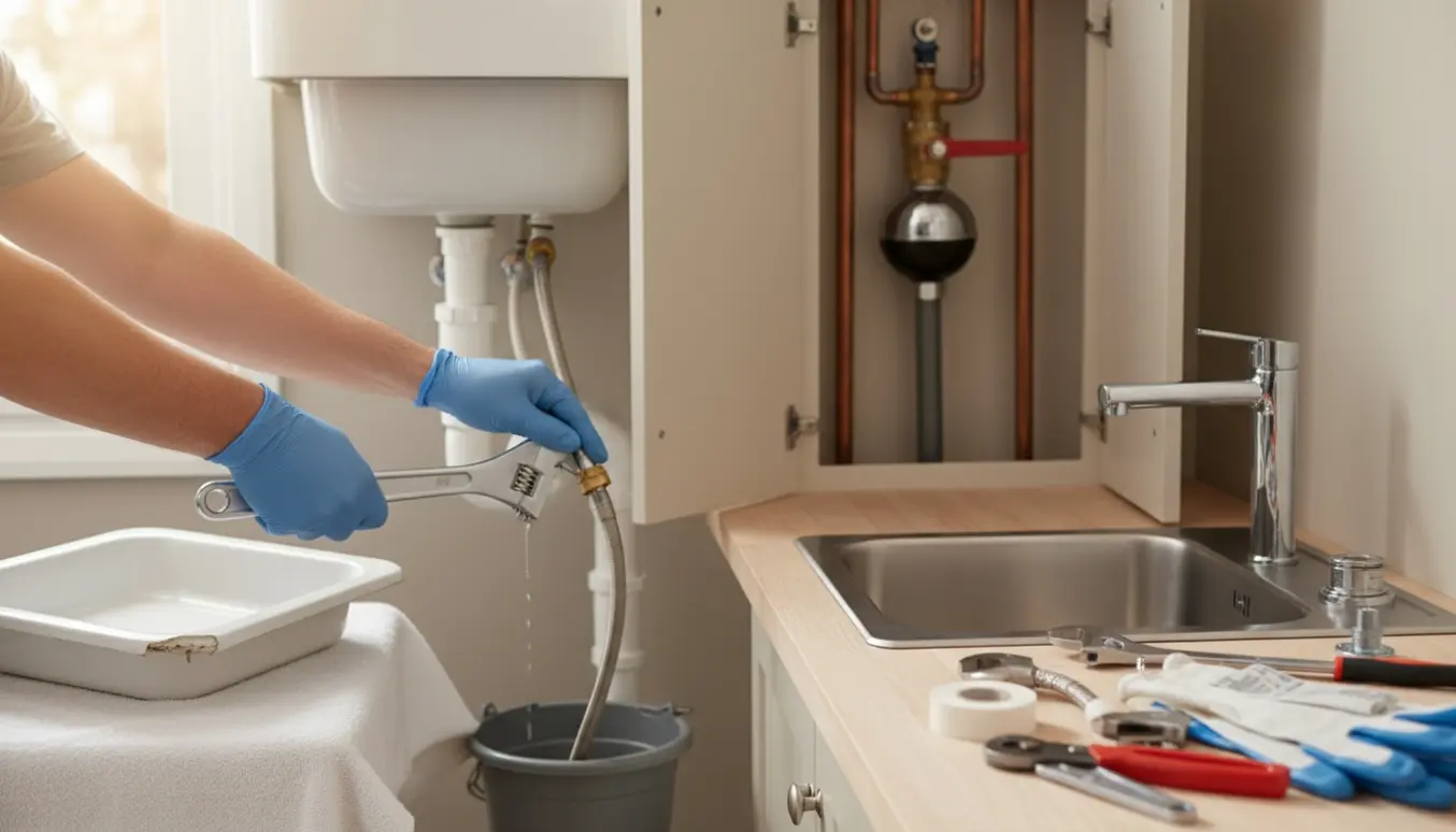 Håndværker udskifter en fritstående vask med værktøj og synlig central vandventil i baggrunden.