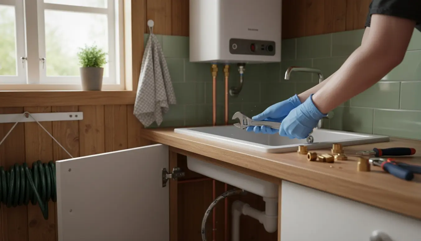 Håndværker tilslutter en lille vandvarmer i et kolonihavehuskøkken med synlige rør og værktøj i naturligt lys.
