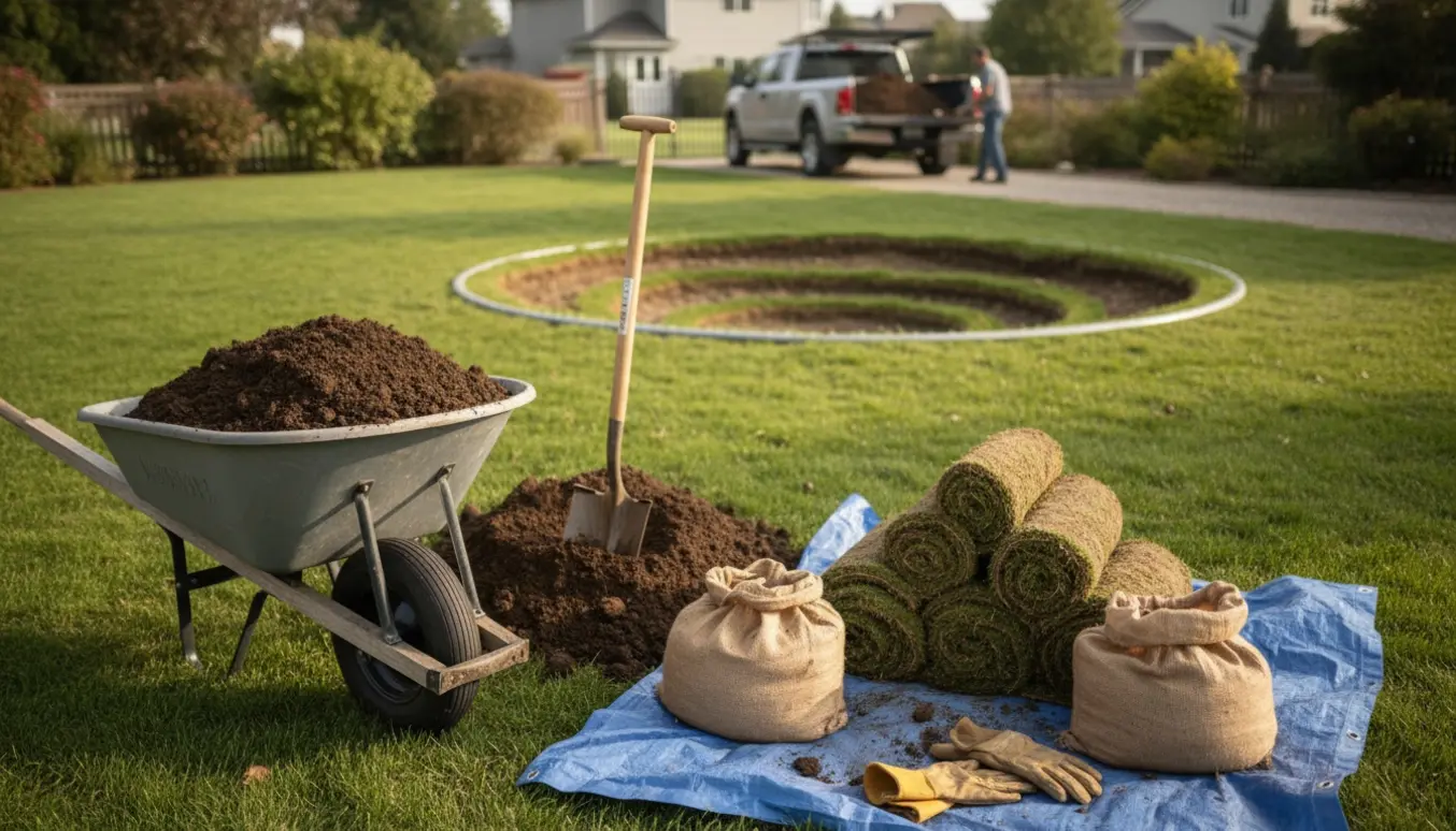 Nedgravet trampolin i baghaven med trillebør, skovle og bunke jord klar til at blive kørt væk til genbrug.