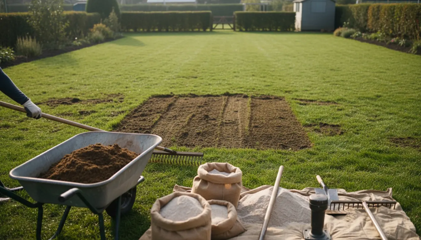 Haveejer retter en ujævn græsplæne med topdressing og sand, værktøj og skovl i forgrunden.