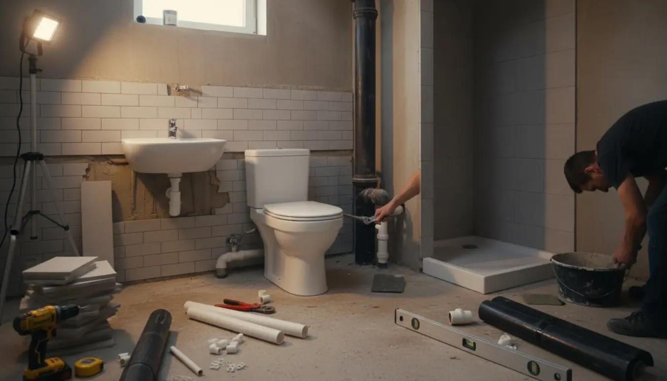 Kælderbadeværelse under installation med toilet, lille håndvask, bruseniche og synlig nedfaldsstamme.