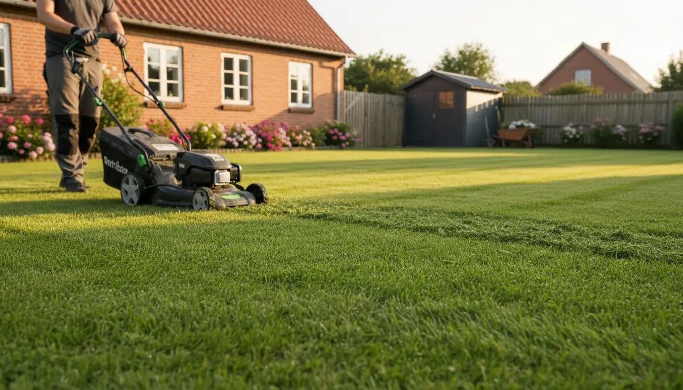 Plæneklipper laver striber på en velholdt græsplæne foran et rødt murstenshus i Kolding.