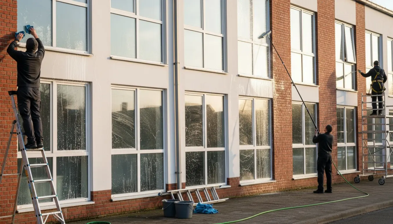 Udvendig vinduespudsning af en flerfamilieejendom med professionelle ved brug af forlængelsesstænger og squeegees.
