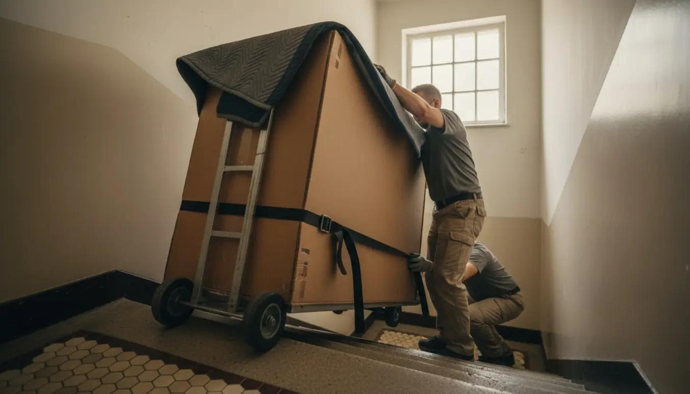 Flyttefolk bærer en stor indpakket elektrisk klaverkasse op ad en trappe i et oplyst trappehus.