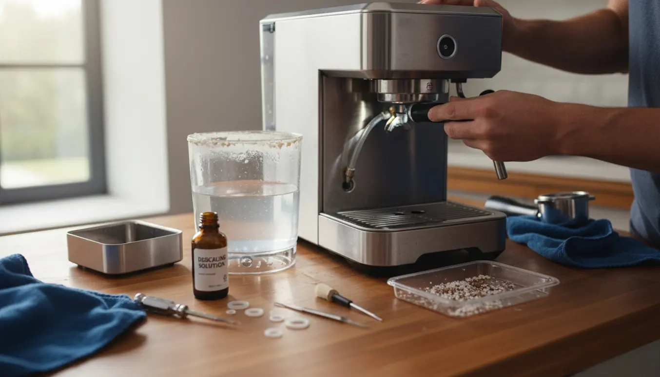 Hænder renser vandtank og fjerner kalk fra en moderne Sage-kaffemaskine på et køkkenbord med værktøj og afkalkningsmiddel.