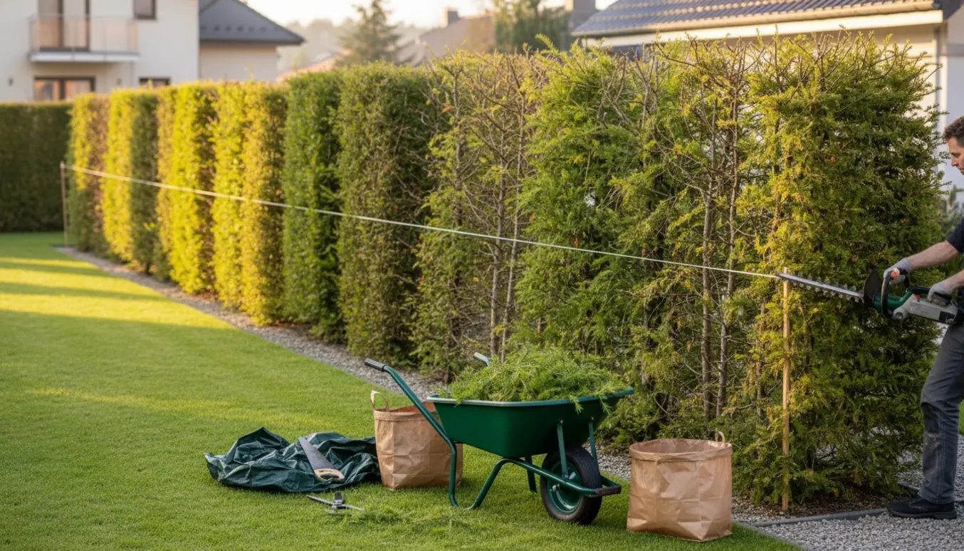 Lærkehæk bliver klippet til med hækkeklipper, afklip i trillebør og en klar sti ved siden af.