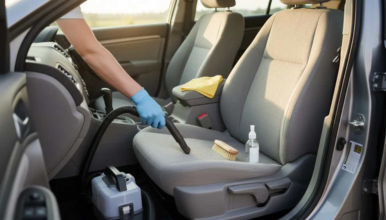Åbent bilinteriør under rengøring med støvsuger, mikrofiberklud og børste på lyse stofsæder.
