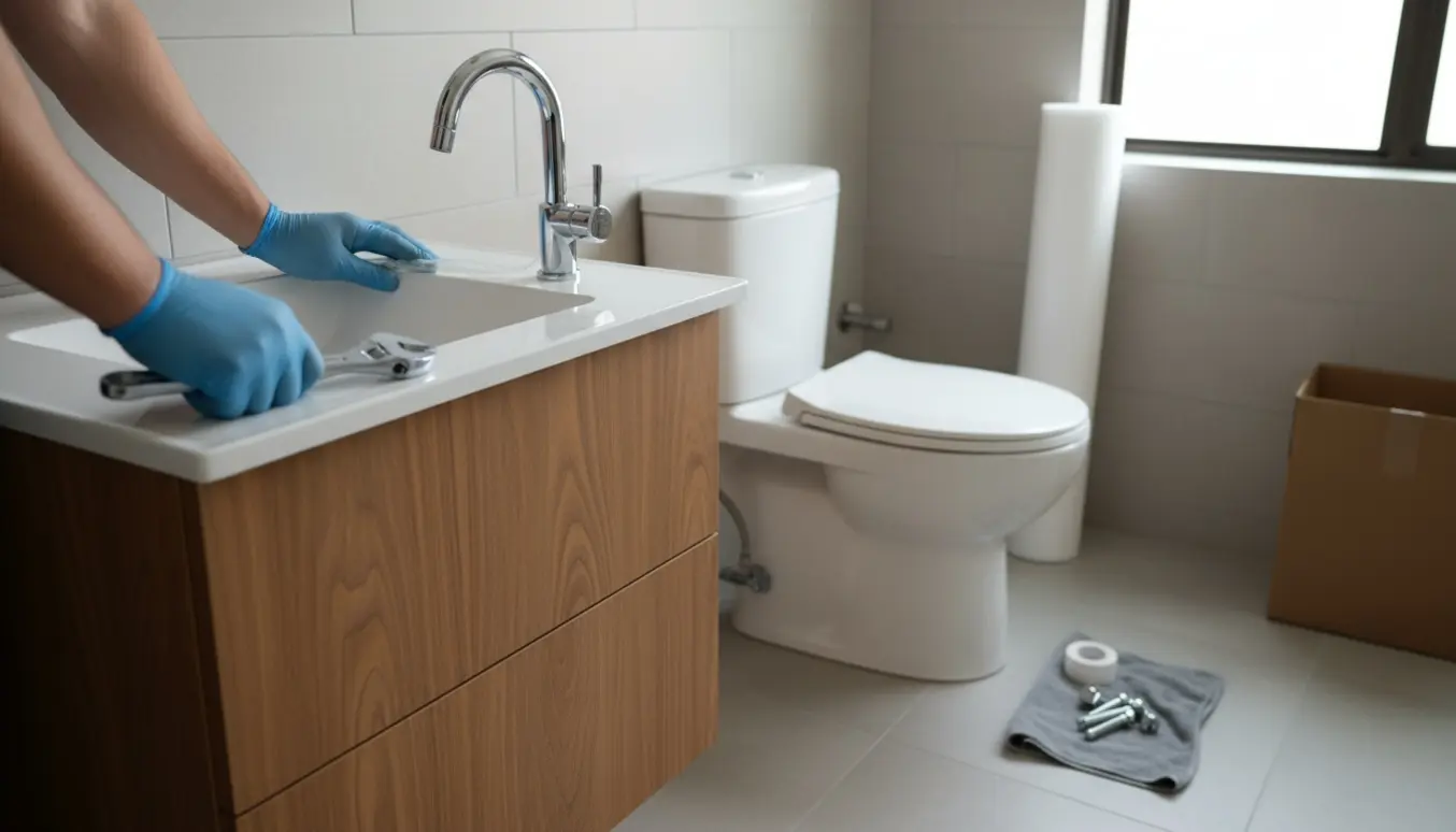 En håndværker monterer nyt toilet og håndvask i et lyst, moderne badeværelse.