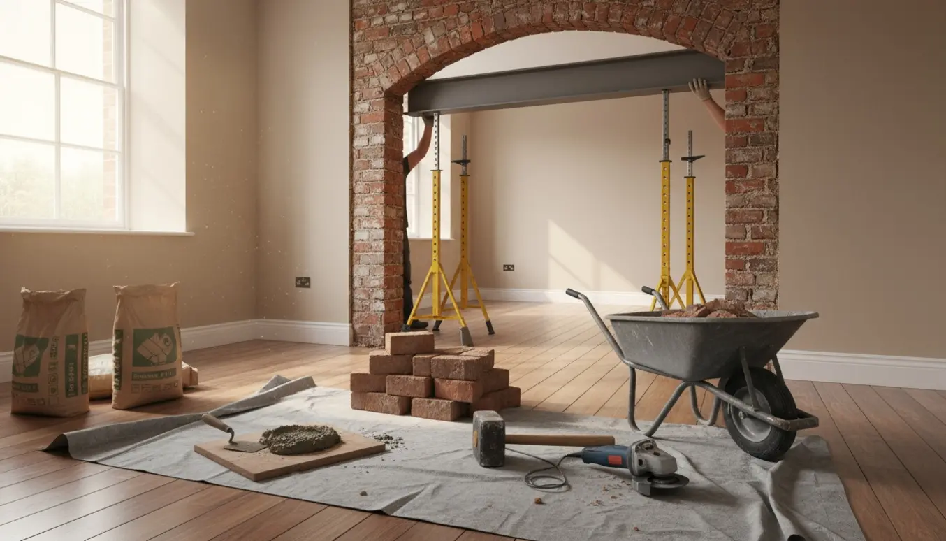 Delvist revet bærende væg mellem spisestue og stue med bærejern, støttepiller og murerværktøj i et lyst renoveringsrum.