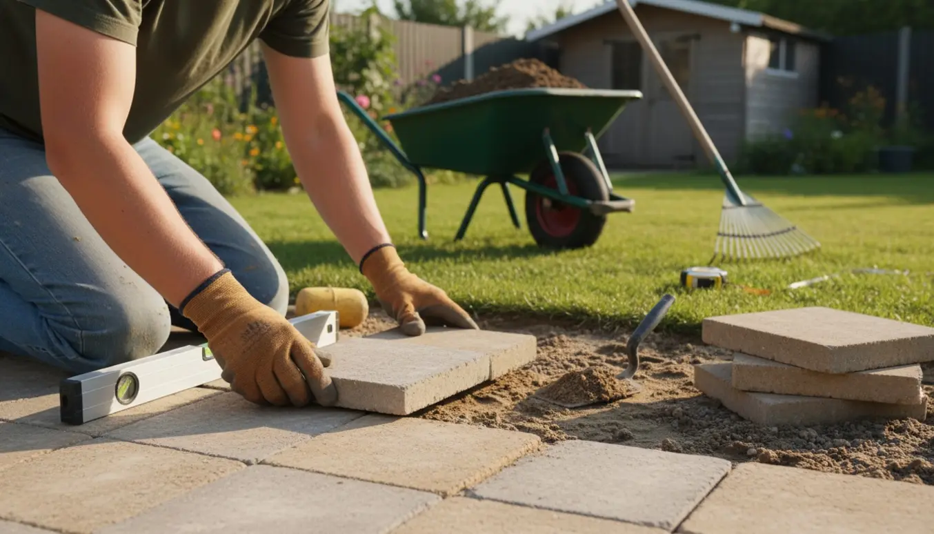 Hænder lægger fliser i en mindre have på en seng af sand og grus med værktøj og trillebør i baggrunden.