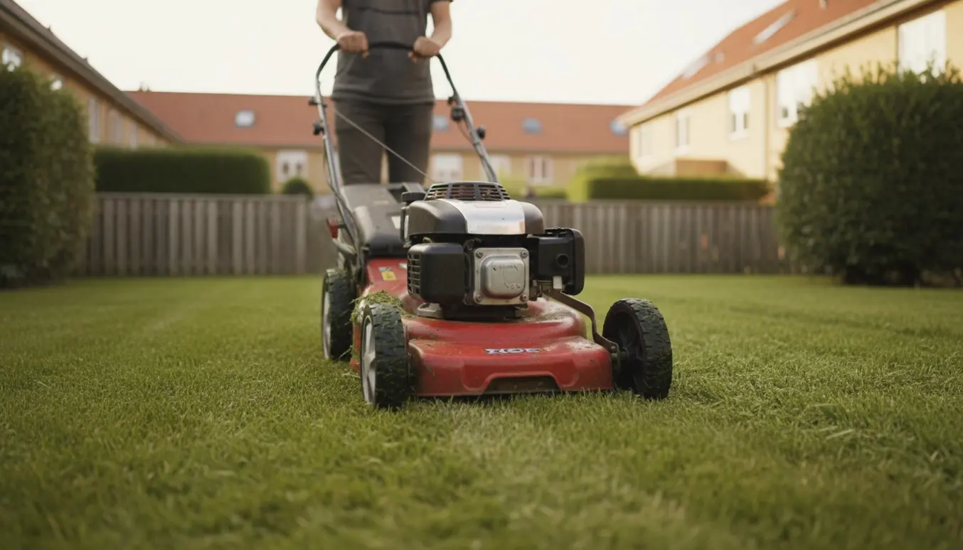 Motorplæneklipper slår græs i en rækkehave i Kgs. Lyngby med nyslået græs og klippestrå liggende.