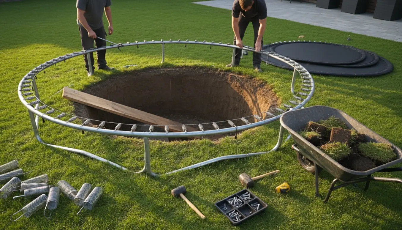 Delvist samlet trampolin ved et nedsænket hul i baghaven med værktøj og en trærampe, håndværkere uden synlige ansigter.