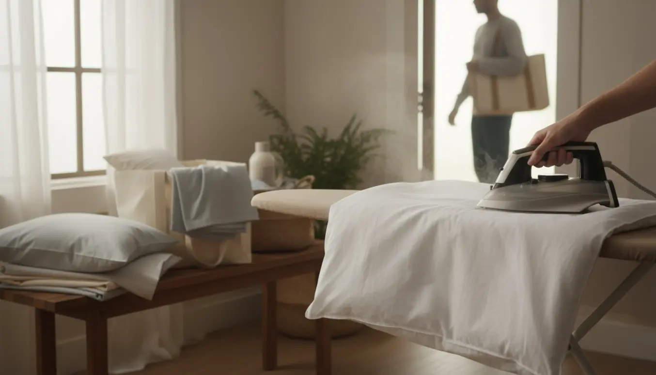 Nært foto af rent og nystrøget sengetøj på et strygebræt klar til levering.