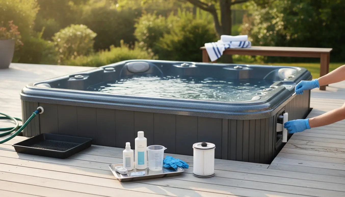 Udendørs spabad vedligeholdes med teststrimmel, filterkontrol og kemikalier på en træterrasse.
