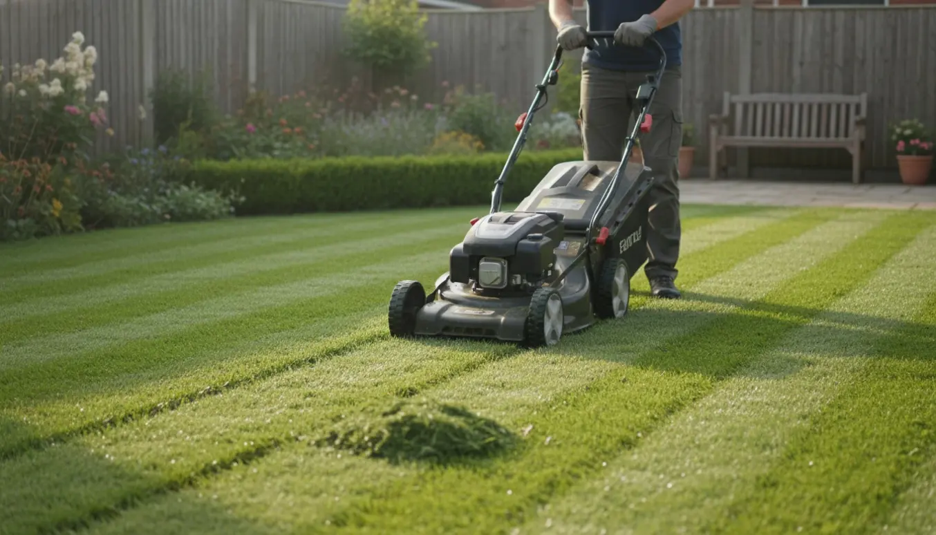 Person klipper en mellemstor græsplæne med en plæneklipper, ansigt uden for billedet.