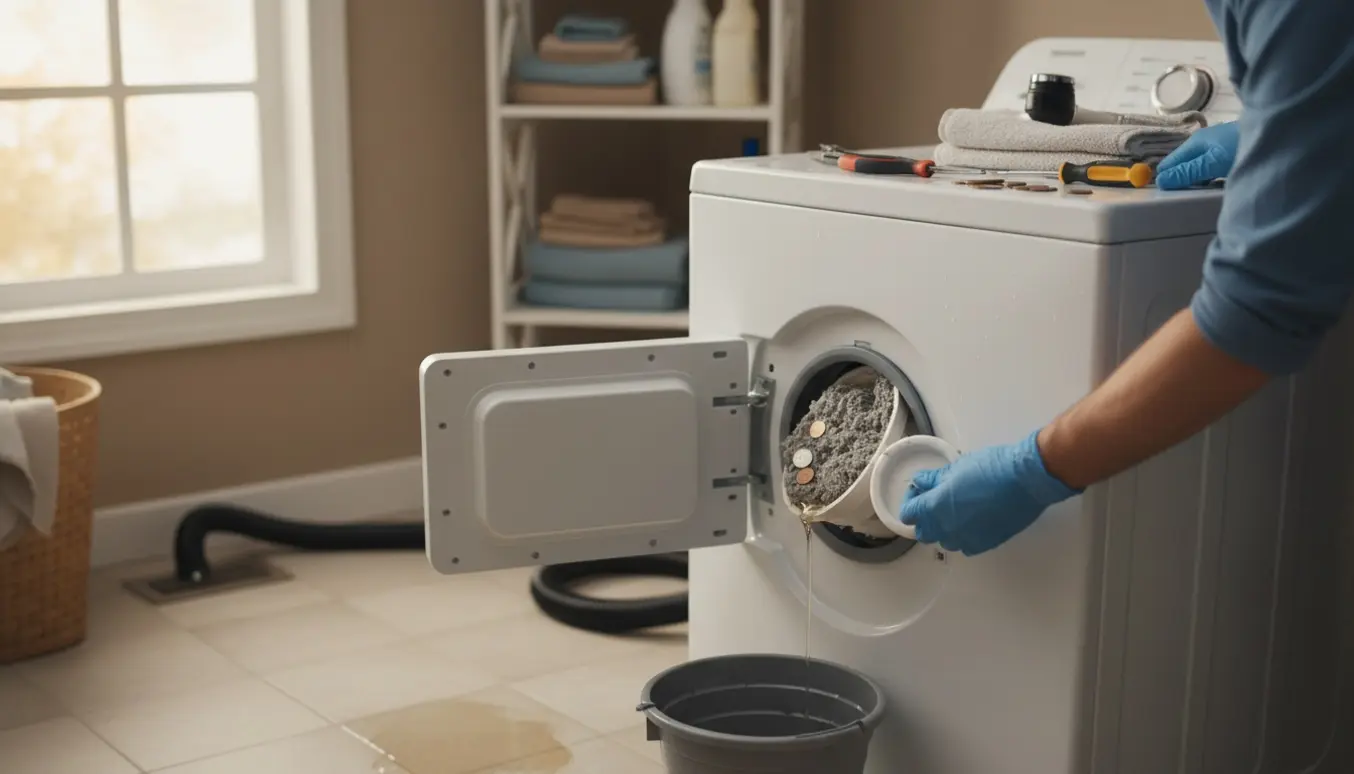 Hænder i gummihandsker åbner et tilstoppet bundfilter på en frontbetjent vaskemaskine med spand og værktøj ved siden af.
