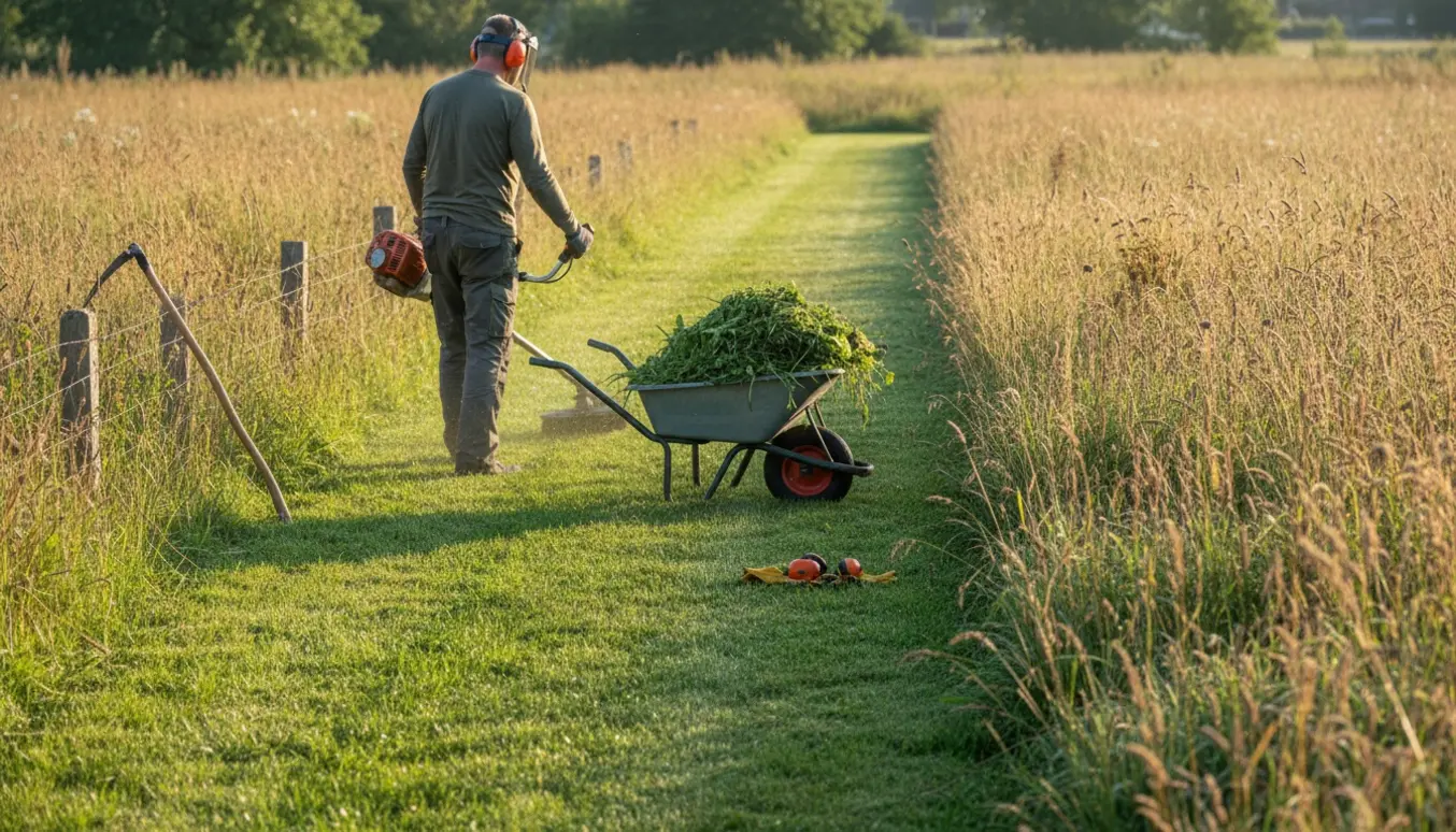 En person klipper 80 cm højt ukrudtsbevokset græs med en kraftig buskrydder, og en tydelig nyslået stribe viser en velplejet plæne.