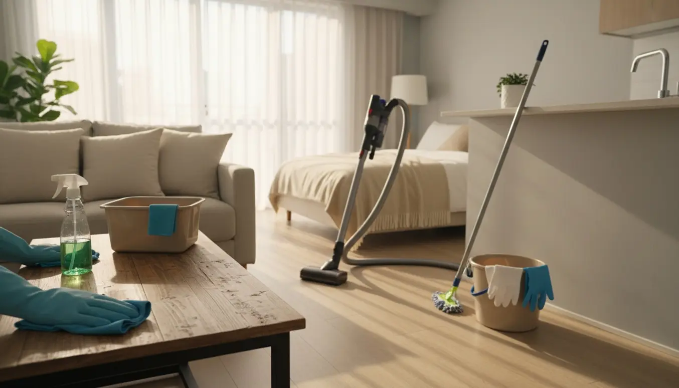 Soloplyst stue og køkken i privat lejlighed under regelmæssig rengøring med støvsuger, klud og rengøringsspand.