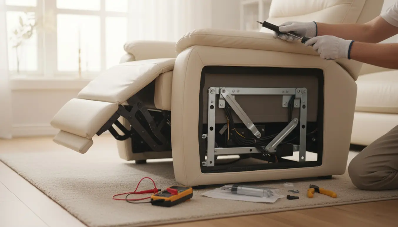 Hænder reparerer motor og fodstøtte på en elektrisk otiumstol i en lys og ryddelig stue.