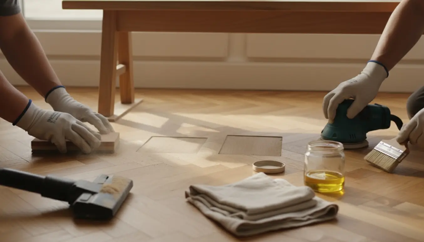 Nærbillede af slibning og oliering af ridser i bøgeparket under en bænk i en alkove.