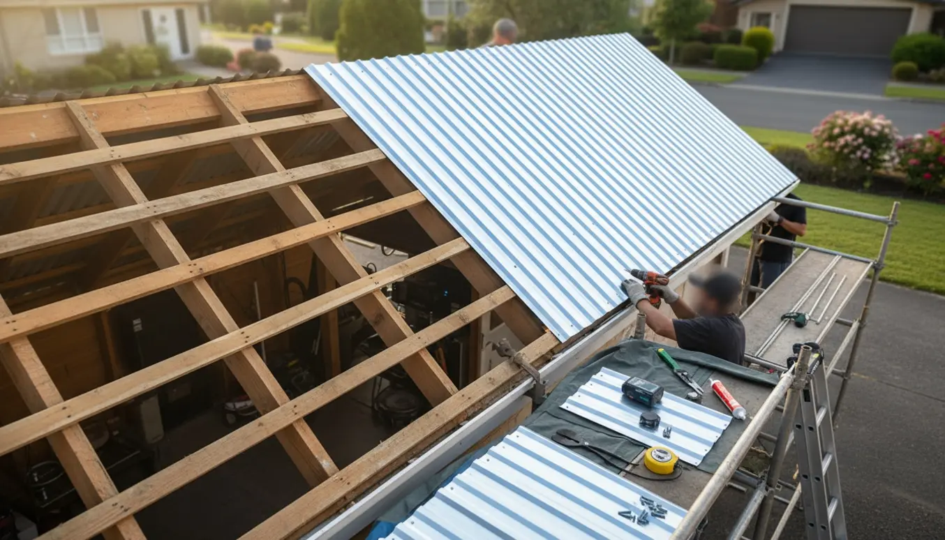 Hænder monterer galvaniserede stålplader på et garage tag i blødt dagslys.